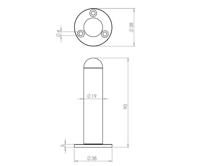 Technical drawing of of Frelan - Antique Wall Mounted Doorstops 90mm Black Sku. JAB9551