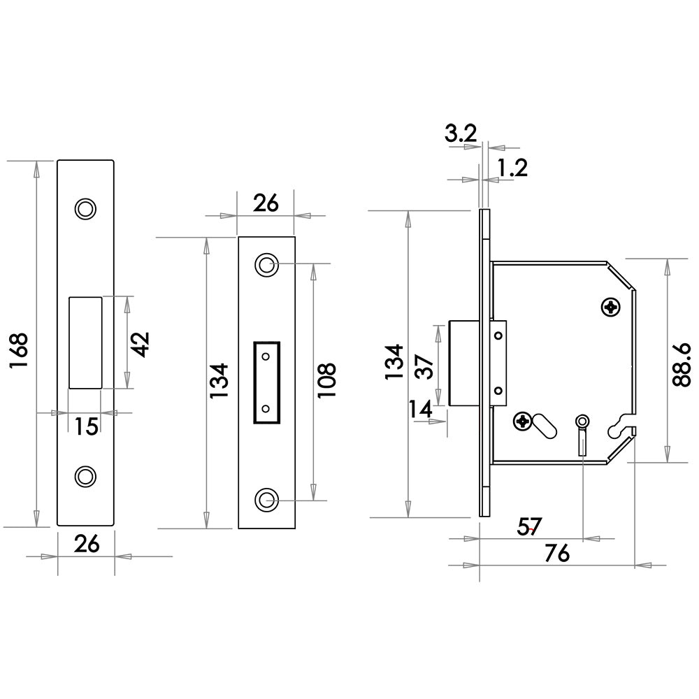Technical drawing of of Frelan - Jedo 3 Lever Deadlocks 76mm Polished Chrome Sku. JL1093PC
