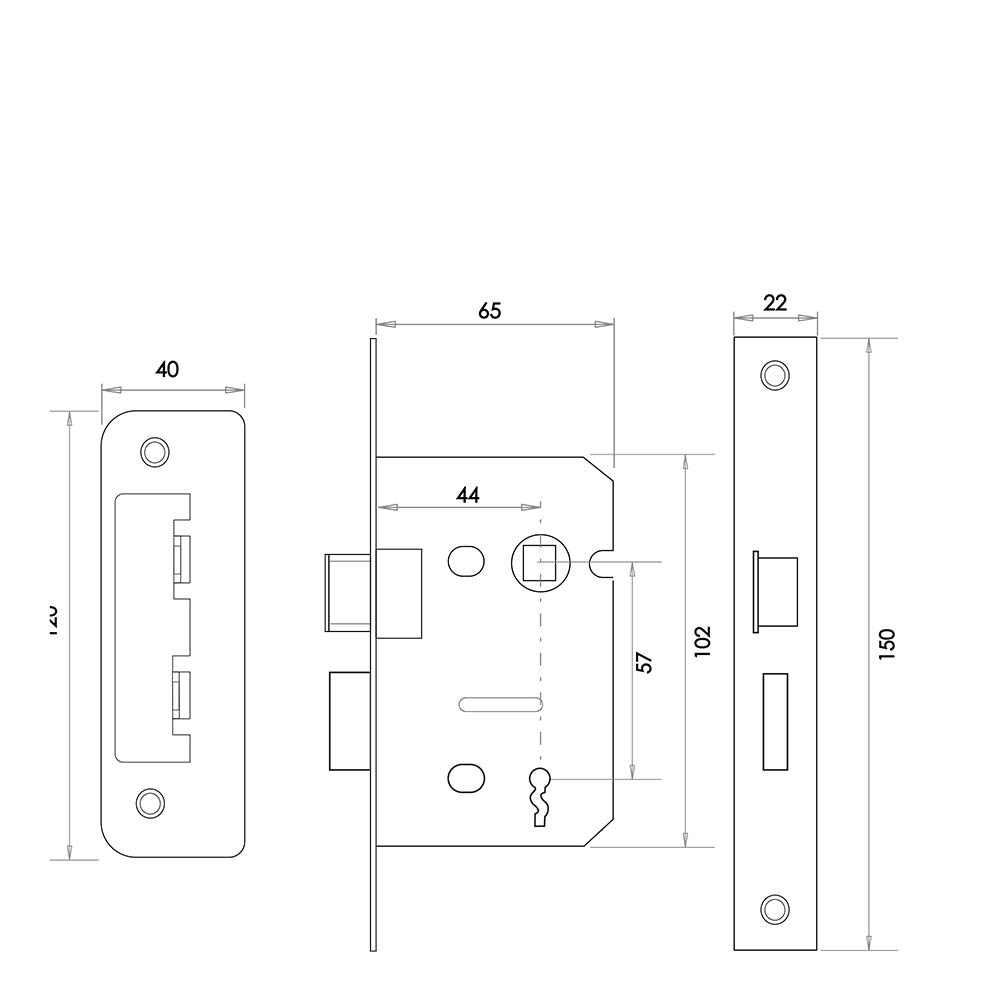 Technical drawing of of Frelan - Jedo Kontrax 2 Lever Sashlocks with Square Forend & Radiused Strike Plate 65mm Nickel Plate Sku. JL470NP