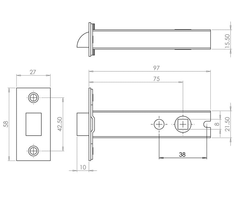 Technical drawing of of Frelan - Jedo Double Sprung Tubular Latches 96mm Polished Brass / Satin Chrome Sku. JL6666S-100