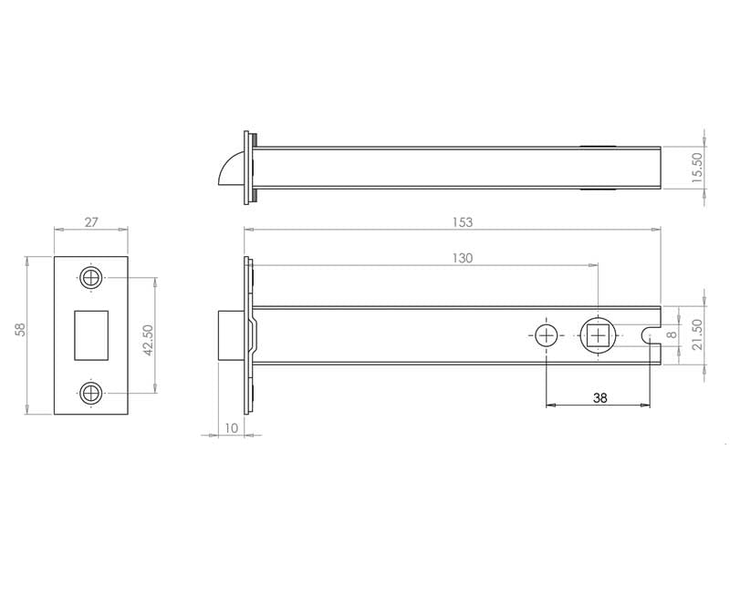 Technical drawing of of Frelan - Jedo Double Sprung Tubular Latches 150mm Polished Brass / Satin Chrome Sku. JL6666S-150