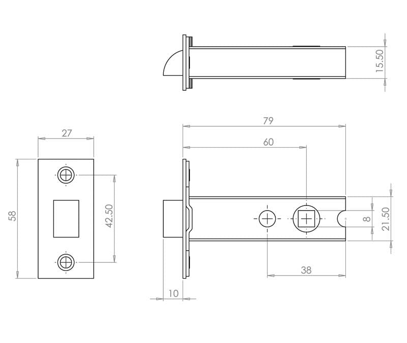 Technical drawing of of Frelan - Jedo Double Sprung Tubular Latches 78mm Polished Brass / Satin Chrome Sku. JL6666S-80