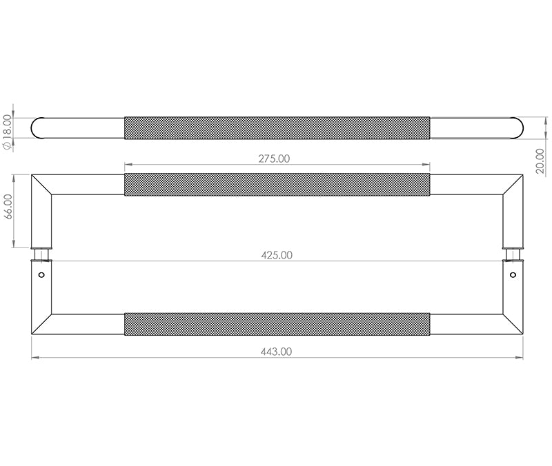 Technical drawing of of Frelan - Nero Mitred Knurled Pull handles B/B Fixing 425x19mm Black Sku. JMB9