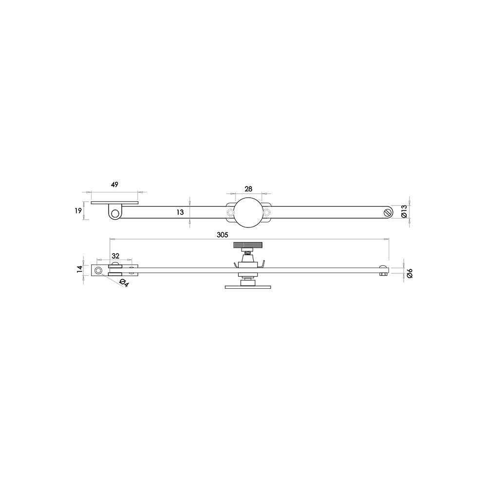 Technical drawing of of Frelan - Jedo Sliding Screw Down Casement Stays 305mm Polished Brass Sku. JV151PB