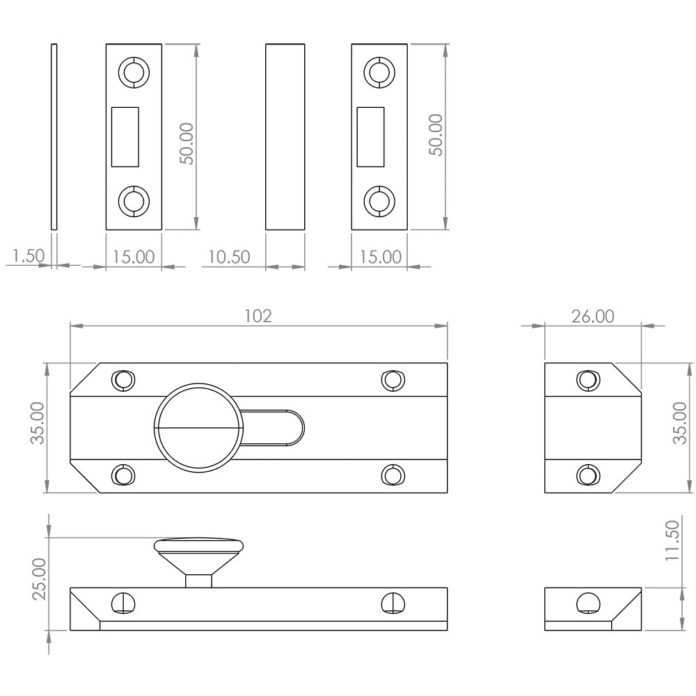 Technical drawing of of Frelan - Jedo Architectural Slide Door Bolts 100x35mm Dark Bronze Sku. JV167DB