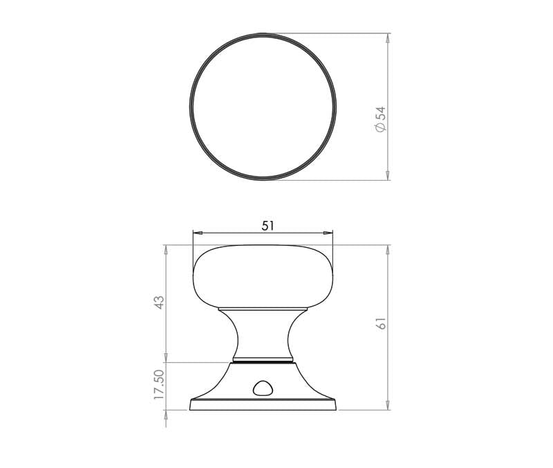 Technical drawing of of Frelan - Jedo Mushroom Mortice Door Knobs 51mm Diameter 51mm Polished Chrome Sku. JV172APC