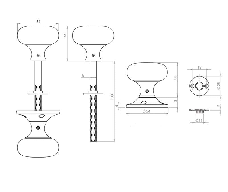 Technical drawing of of Frelan - Jedo Mushroom Rim Door Knobs 50mm Polished Chrome Sku. JV176APC