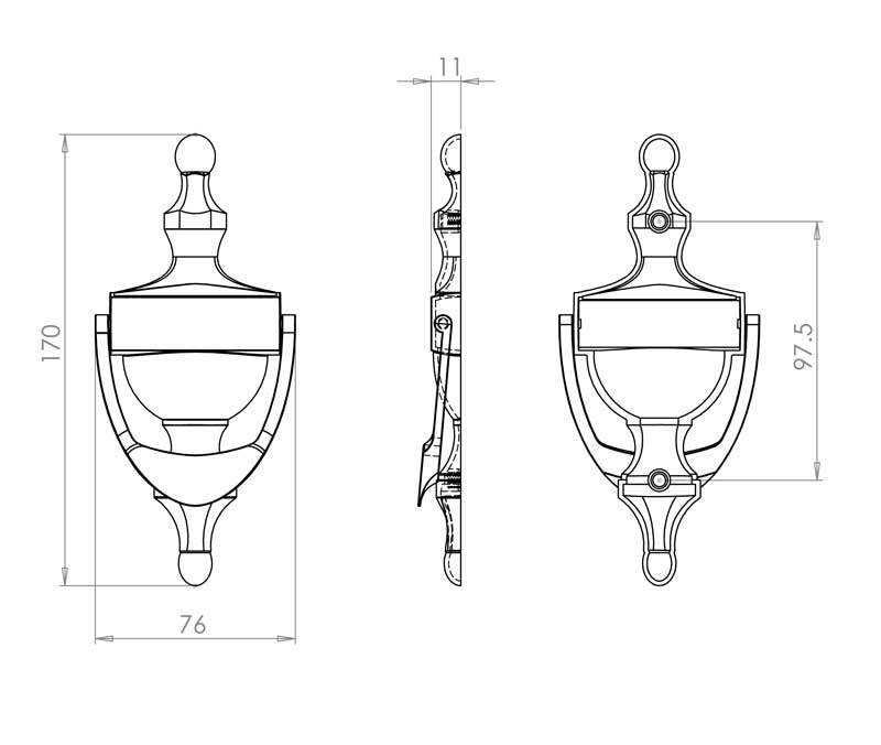 Technical drawing of of Frelan - Jedo Urn Door Knockers 170mm Polished Chrome Sku. JV38SPC