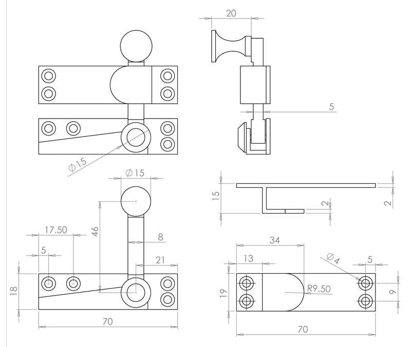 Technical drawing of of Frelan - Jedo Heavy Quadrant Sash Fasteners 70x20mm Satin Chrome Sku. JV4200SC