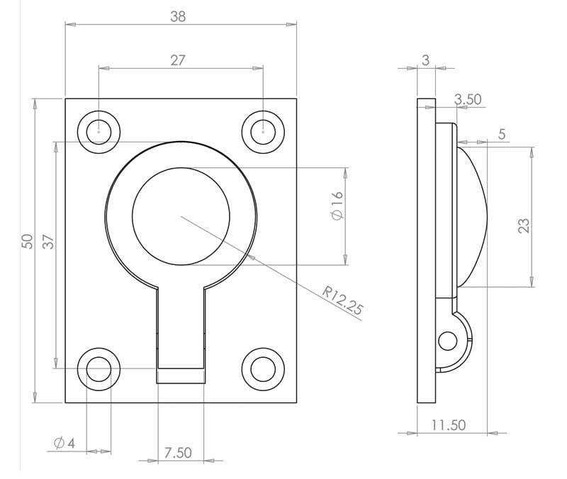 Technical drawing of of Frelan - Jedo 38x50mm Flush Rings 38x50mm Satin Chrome Sku. JV424ASC