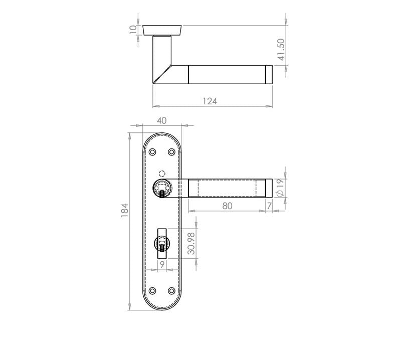Technical drawing of of Frelan - Mitred Suite Door Handle on Bathroom Plate Polished Chrome/Satin Chrome Sku. JV438PCSC
