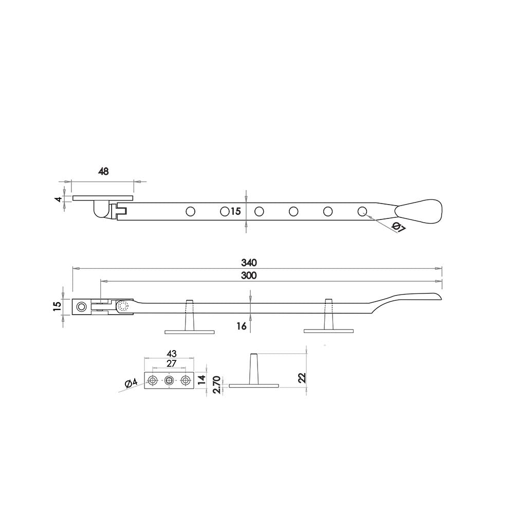 Technical drawing of of Frelan - Victorian Casement Stays 300mm Satin Chrome Sku. JV44BSC