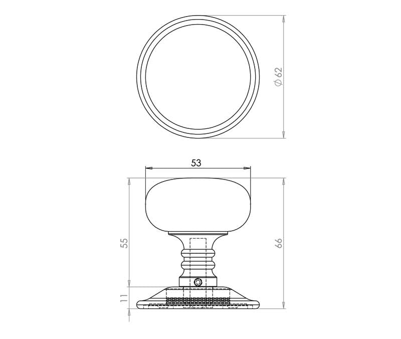 Technical drawing of of Frelan - Jedo Mushroom Mortice Door Knobs 62mm Diameter 62mm Polished Brass Sku. JV46PB