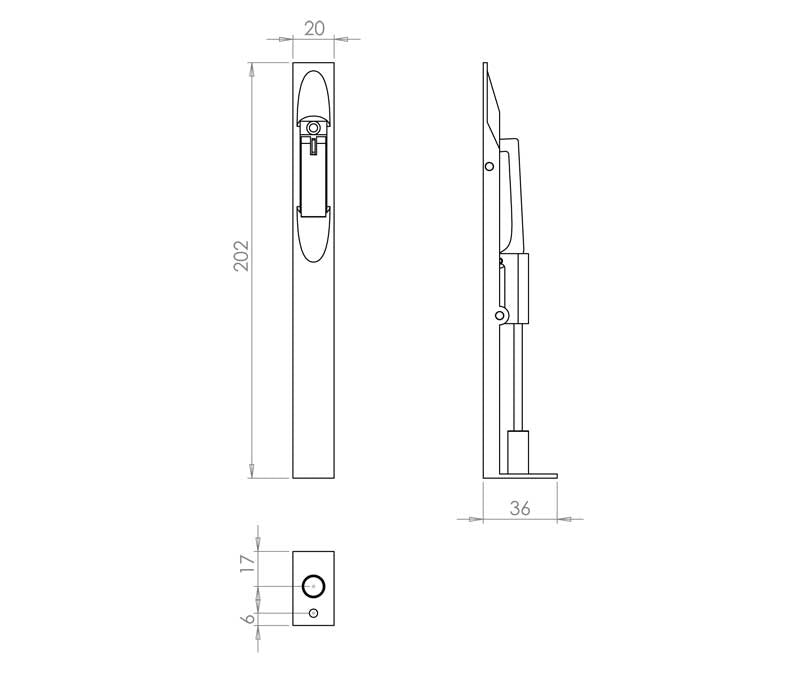 Technical drawing of of Frelan - Jedo Brass Lever Action Flushbolts 200x19mm Polished Brass Sku. JV5640CPB