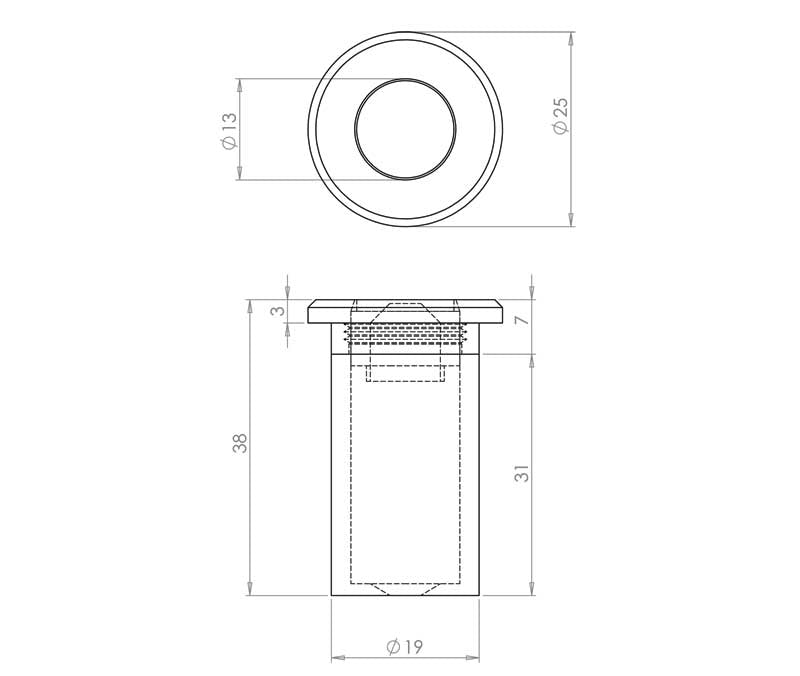 Technical drawing of of Frelan - Jedo Brass Dust Proof Spring Floor Bolt Socket 25x40mm Polished Nickel Sku. JV5642PN