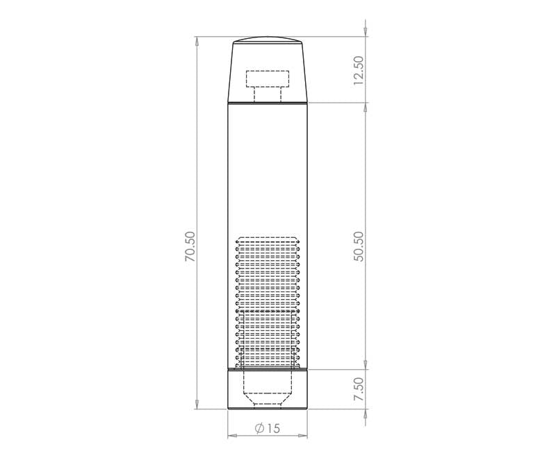 Technical drawing of of Frelan - Jedo Cylinder Wall mounted Door Stop without Rose 70mm Satin Chrome Sku. JV9559ASC