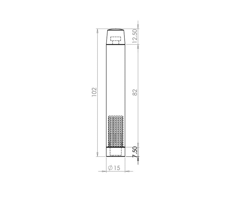 Technical drawing of of Frelan - Jedo Cylinder Wall mounted Door Stop without Rose 102mm Satin Chrome Sku. JV9559BSC