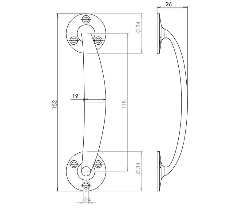 Technical drawing of of Frelan - Jedo Bow Shape Pull Handles 152mm Polished Chrome Sku. JV96PC