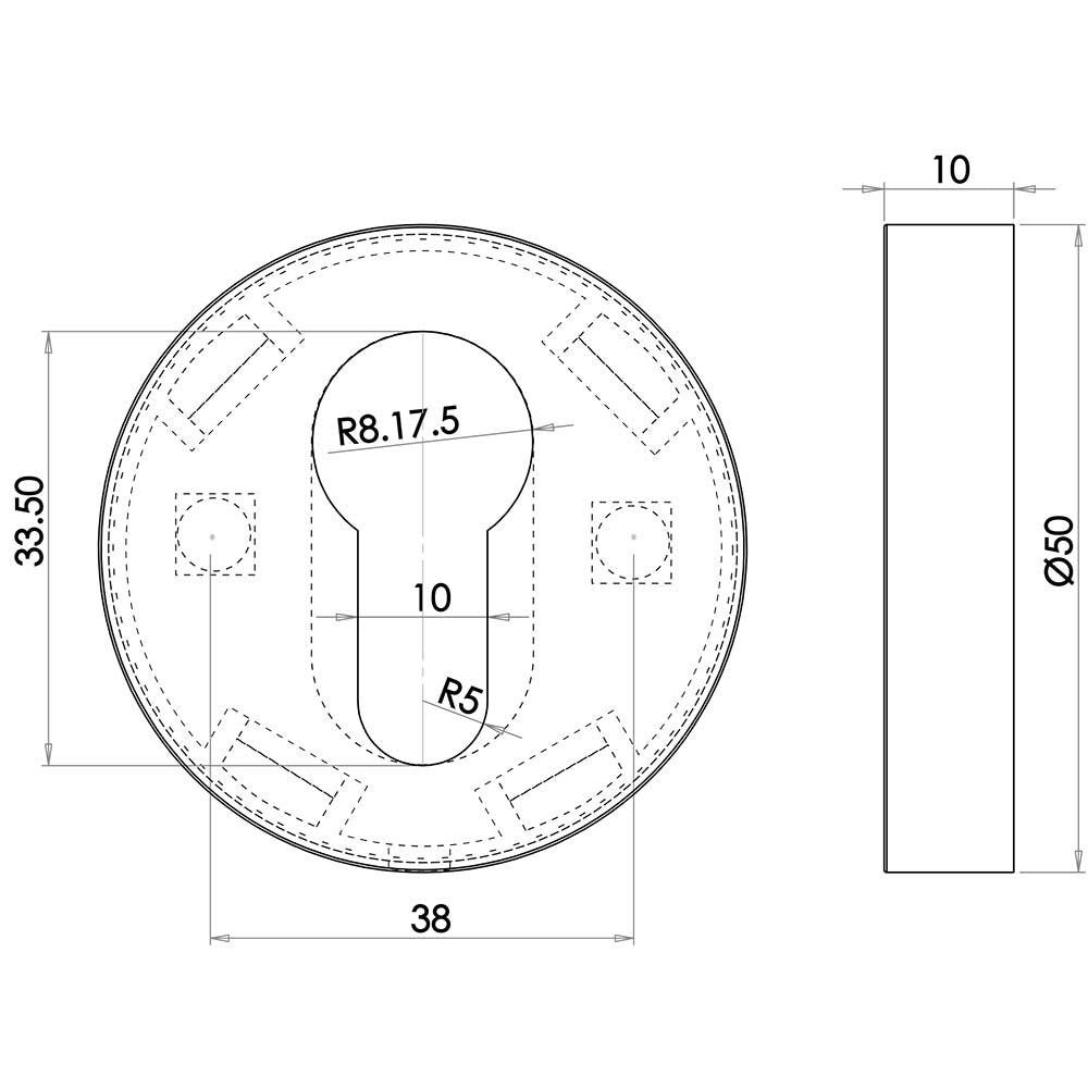Technical drawing of of Frelan - Euro Profile Escutcheon Satin Anodised Aluminium Sku. SAA11