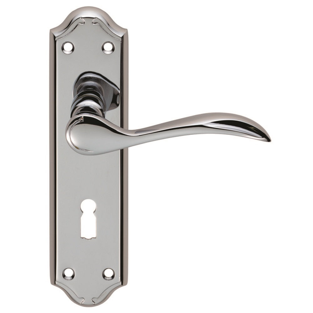 High quality image of Carlisle Brass - Madrid Lever on Lock Backplate - Polished Chrome | Sku. dl190cp | Trade Door Handles.