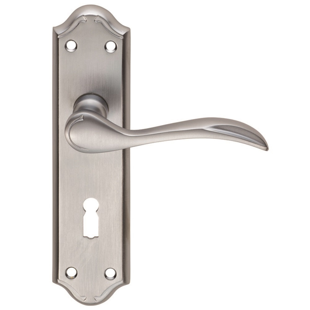 High quality image of Carlisle Brass - Madrid Lever on Lock Backplate - Satin Chrome | Sku. dl190sc | Trade Door Handles.