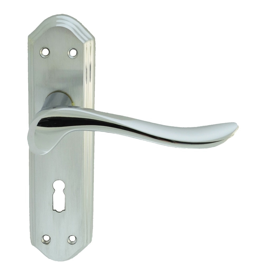 High quality image of Carlisle Brass - Lytham Lever on Lock backplate - Dual Finish-Satin/Polished Chrome | Sku. dl450sccp | Trade Door Handles.
