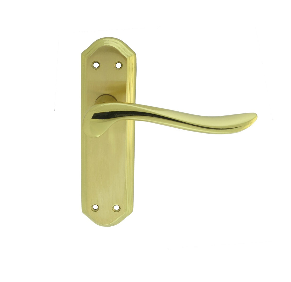 High quality image of Carlisle Brass - Lytham Lever on Latch backplate - Dual Finish-Satin/Polished Brass | Sku. dl451sbpb | Trade Door Handles.