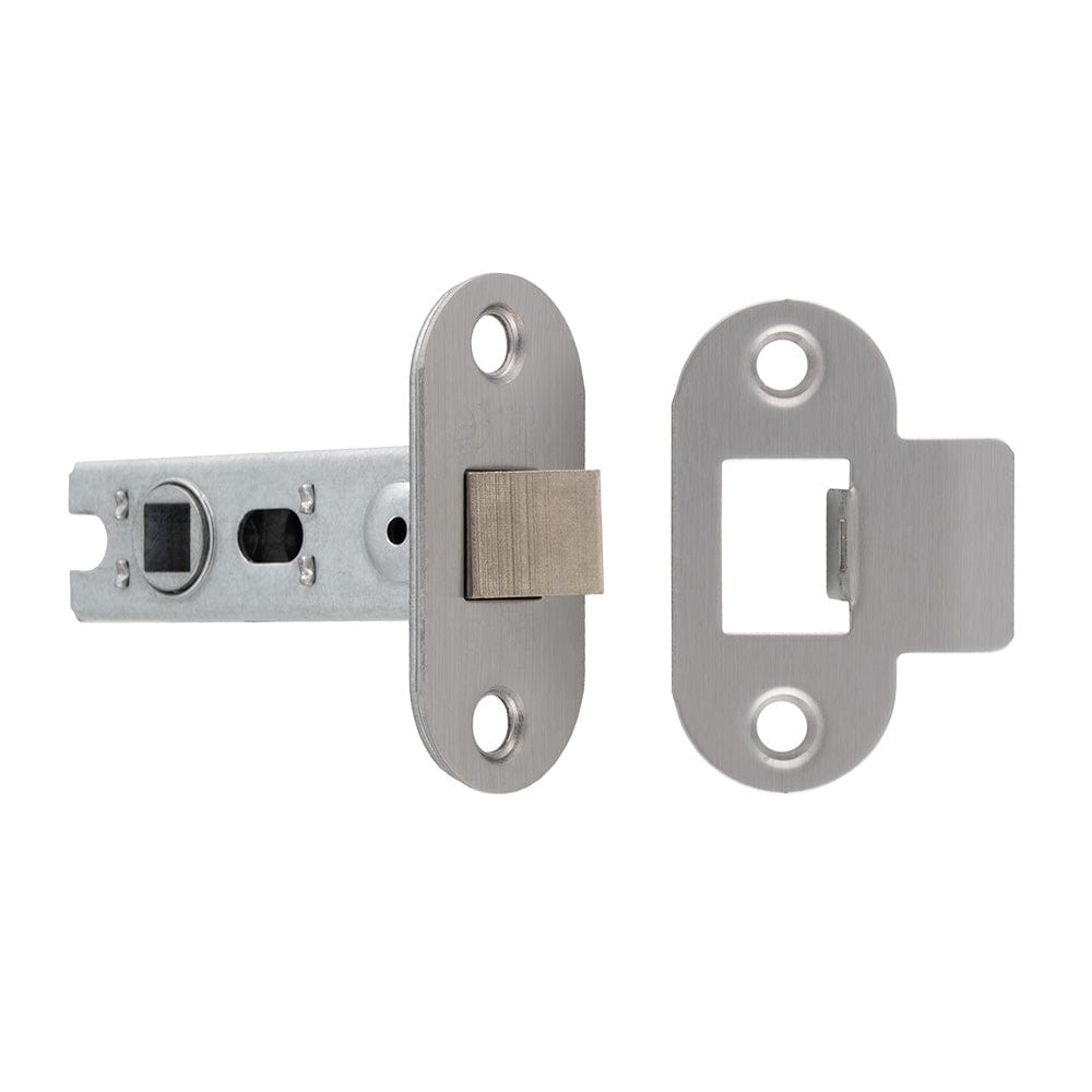 Eurospec Locks & Latches Satin Stainless Steel / Locks and Latches Eurospec - 64MM BOLT-THROUGH TUBULAR LATCH - 8MM FOLLOWER - RADIUS - FIXED FOREND - SSS