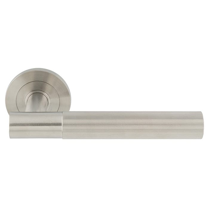 Eurospec Door Furniture Satin Stainless Steel / Lever on Rose Eurospec - ARROW LEVER ON SPRUNG SCREW-ON ROUND ROSE - SSS