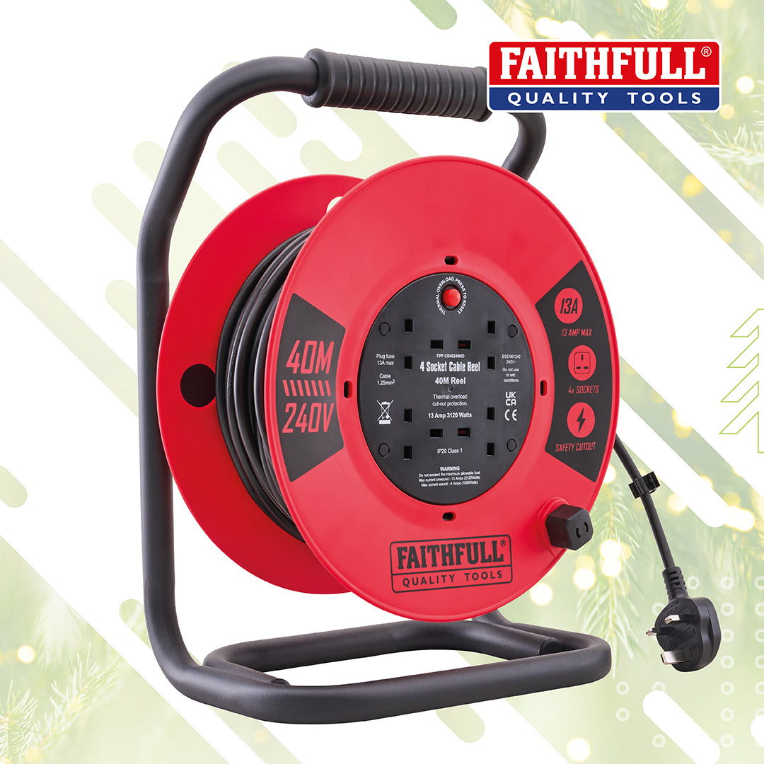 Faithfull 40m Heavy Duty Open Cable Reel 240V 13A - 4 Socket