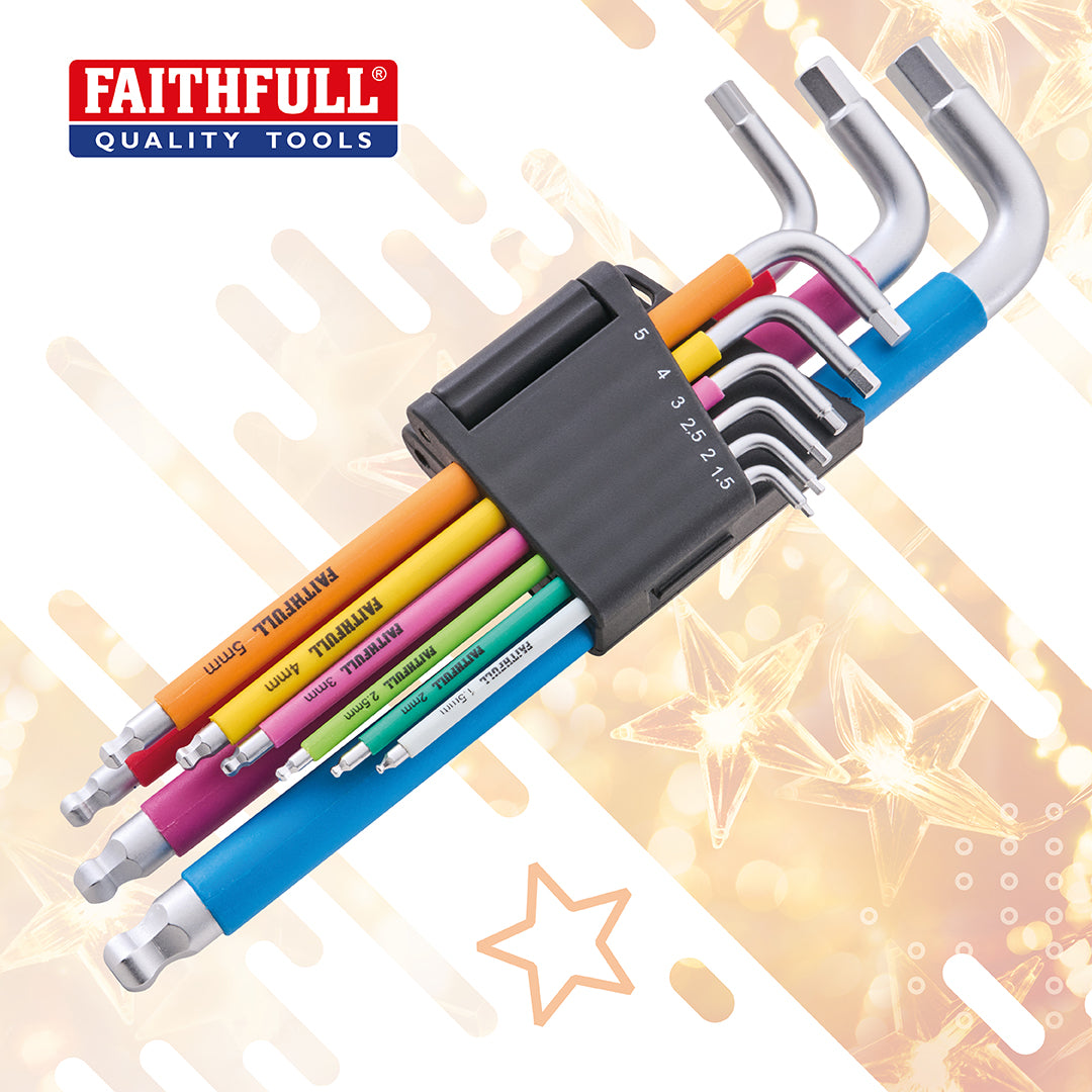 Faithfull 9 Piece Colour Coded Ball End Hex Key Set - Metric 1.5-10mm