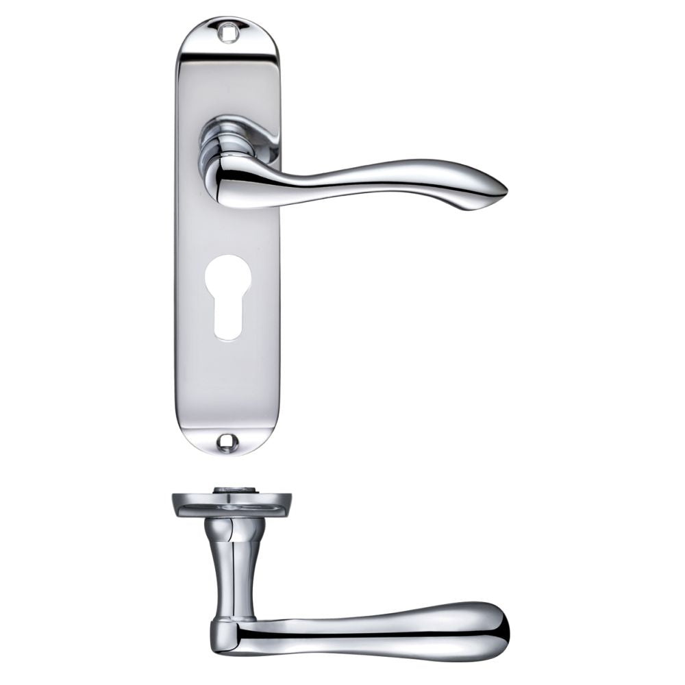 High quality image of the Fulton & Bray - Arundel Lever Euro Lock (47.5mm) Furniture - Short Plate 175 x 42mm - Polished Chrome | Sku. fb021epcp | available to order from Trade Door Handles.