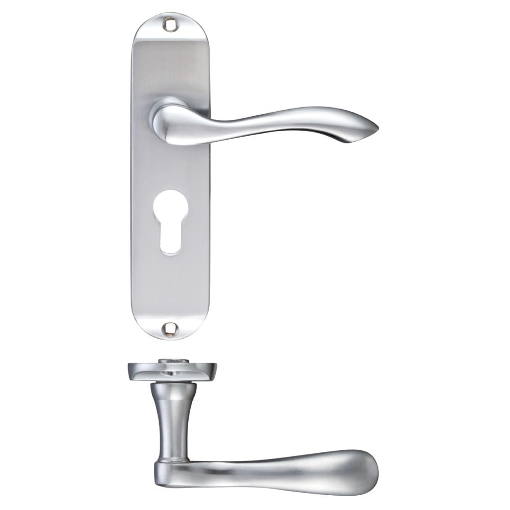 High quality image of the Fulton & Bray - Arundel Lever Euro Lock (47.5mm c/c) Furniture - Short Plate 175 x 42mm - Satin Chrome | Sku. fb021epsc | available to order from Trade Door Handles.