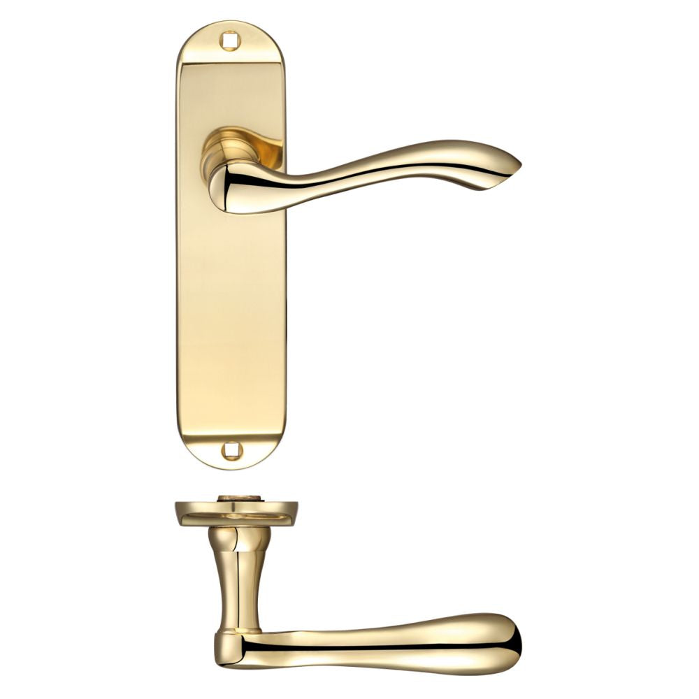 High quality image of the Fulton & Bray - Arundel Lever Latch Furniture - Short Plate 175 x 42mm - Polished Brass | Sku. fb022 | available to order from Trade Door Handles.