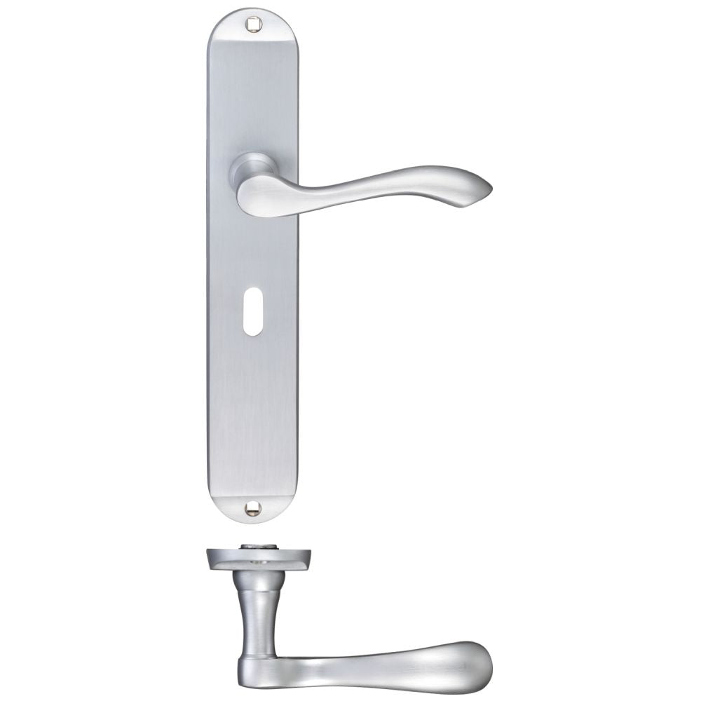 High quality image of the Fulton & Bray - Arundel Lever Lock (57mm c/c) Furniture - Long Plate 245 x 42mm - Satin Chrome | Sku. fb031sc | available to order from Trade Door Handles.