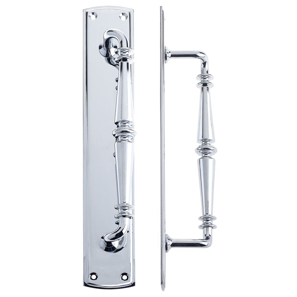 High quality image of the Fulton & Bray - Pull Handle on Backplate - Polished Chrome | Sku. fb106cp | available to order from Trade Door Handles.
