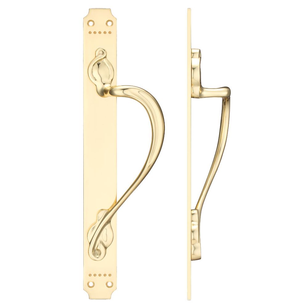 High quality image of the Fulton & Bray - Cast Brass Pull Handle with Art Nouveau Backplate - Right Handed - 377 x 42mm - Polished Brass | Sku. fb114r | available to order from Trade Door Handles.