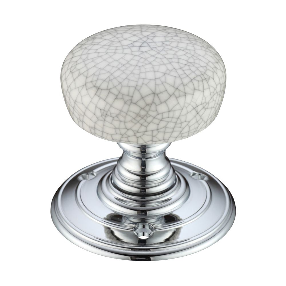 High quality image of the Fulton & Bray - Porcelain Mortice Knob on Round Rose - Grey Crackle - Face Fix - Polished Chrome | Sku. fb304gccp | available to order from Trade Door Handles.