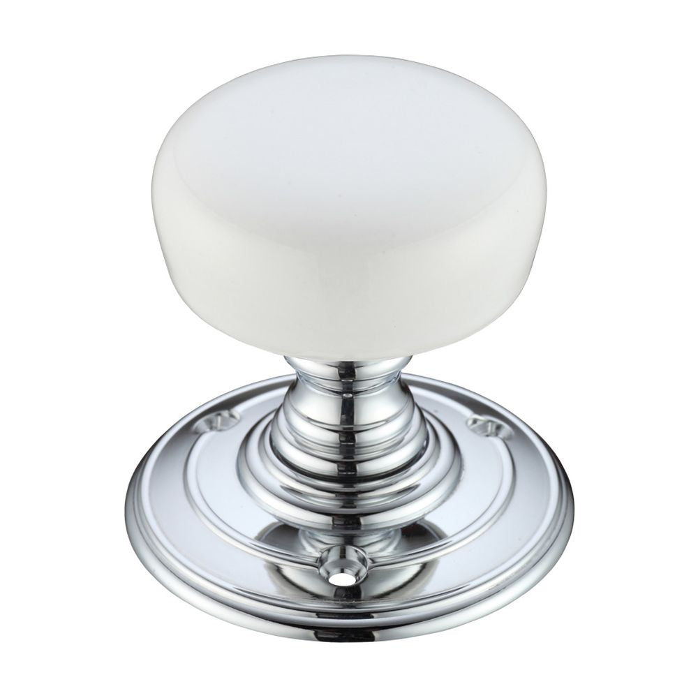 High quality image of the Fulton & Bray - Porcelain Mortice Knob on Round Rose - Plain White - Face Fix | Sku. fb304pwcp | available to order from Trade Door Handles.