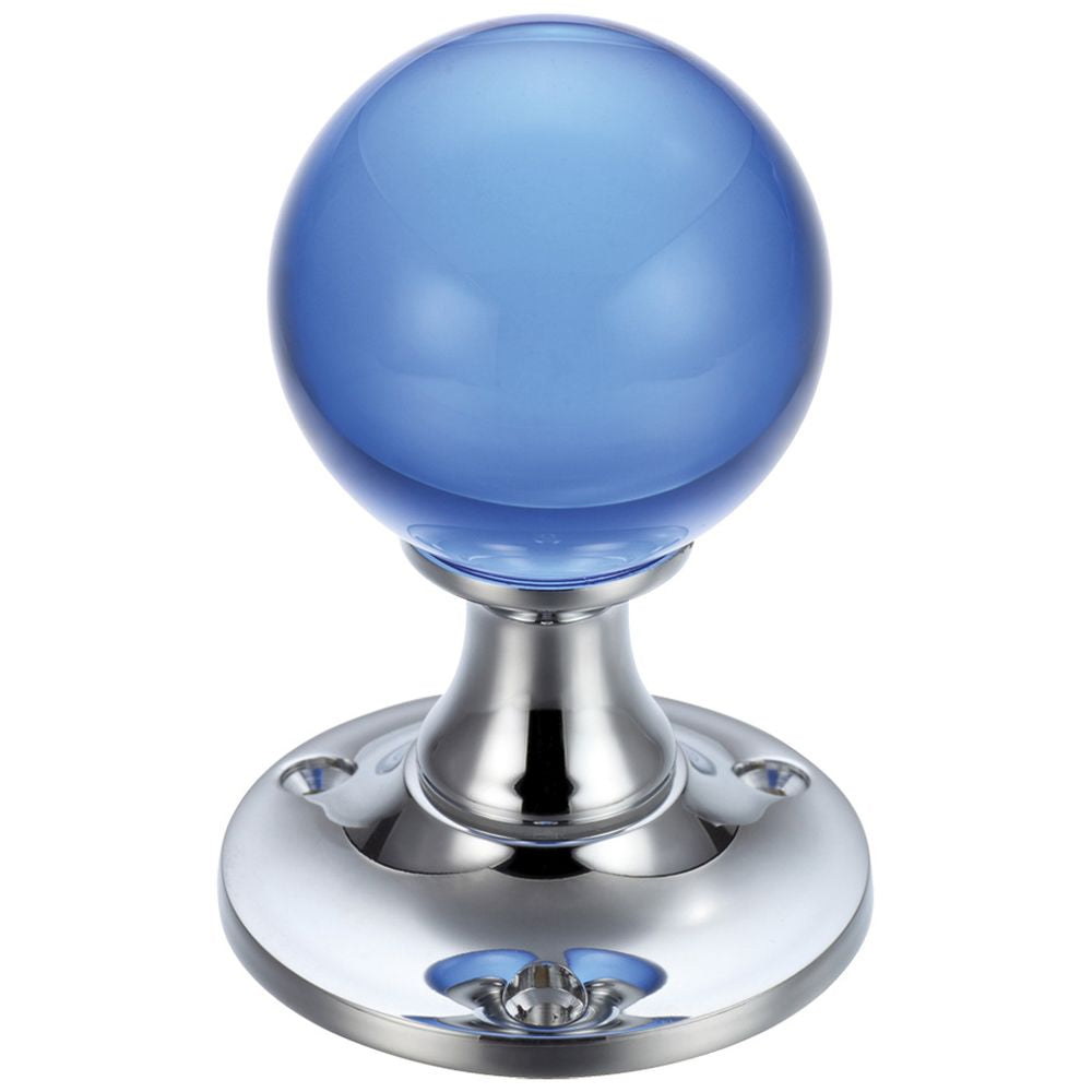 High quality image of the Fulton & Bray - Glass Ball Mortice Knob - Plain Blue - 50mm - Polished Brass | Sku. fb400cpb | available to order from Trade Door Handles.