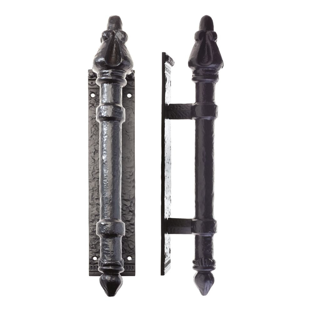 High quality image of the Foxcote Foundries - Round Pull Handle on Backplate 304mm x 63mm - 2.5mm - Antique Black | Sku. ff19 | available to order from Trade Door Handles.