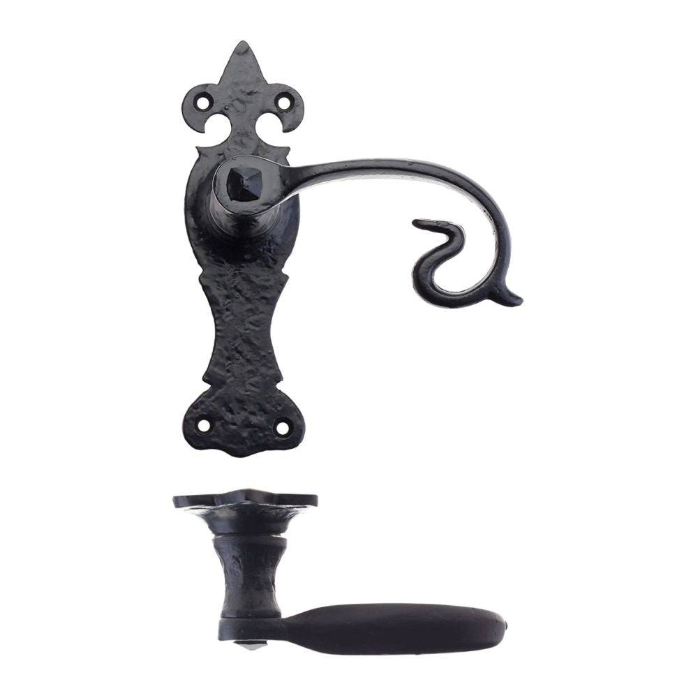 High quality image of the Foxcote Foundries - Scroll Lever on Fleur De Lys Backplate - 6" - Latch - Antique Black | Sku. ff312 | available to order from Trade Door Handles.