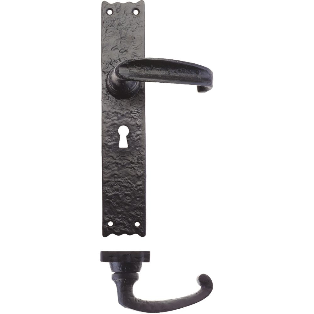 High quality image of the Foxcote Foundries - Traditional Lever on Lock Long Backplate - 10" - Antique Black | Sku. ff511 | available to order from Trade Door Handles.