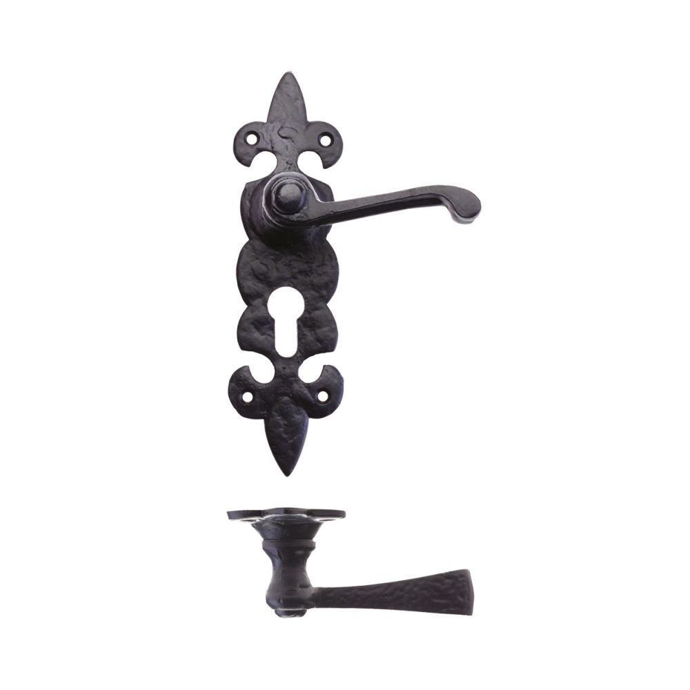 High quality image of the Foxcote Foundries - Lever on Fleur de Lys Euro Backplate - Antique Black | Sku. ff611ep | available to order from Trade Door Handles.