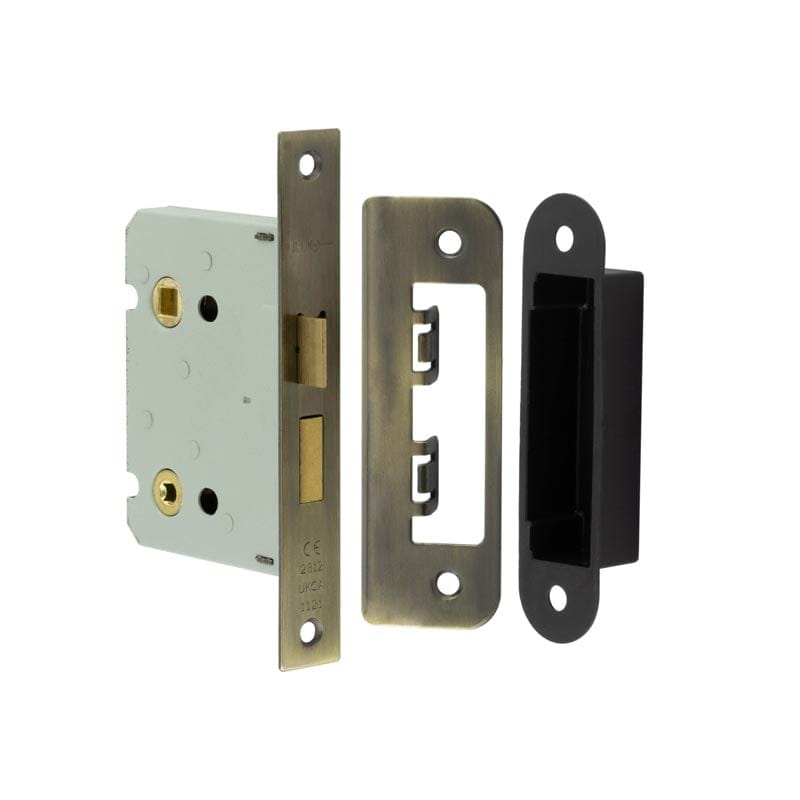 Frelan Hardware Locks & Latches Antique Brass Frelan - 76mm AB Bathroom lock square forend & radiused strike plate