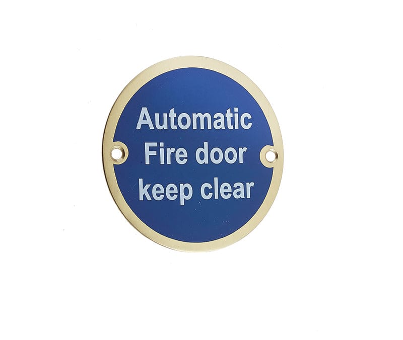 Frelan Hardware Door Furniture Polished Brass / Signs Frelan - Automatic Fire Door Keep Clear - Signage 75mm Dia. - Polished Brass