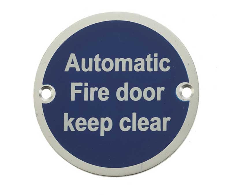Frelan Hardware Door Furniture Satin Anodised Aluminium / Signs Frelan - Automatic Fire Door Keep Clear - Signage 75mm Dia. - Satin Anodised Alu