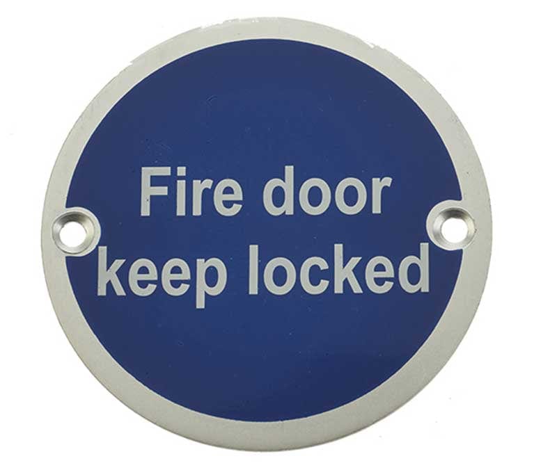 Frelan Hardware Door Furniture Satin Anodised Aluminium / Signs Frelan - Fire Door Keep Locked' - Signage 75mm Dia. - Satin Anodised Aluminium