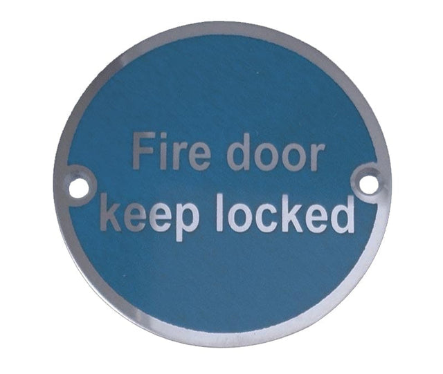 Frelan Hardware Door Furniture Satin Stainless Steel / Signs Frelan - Fire Door Keep Locked' - Signage 75mm Dia. - Satin Stainless Steel