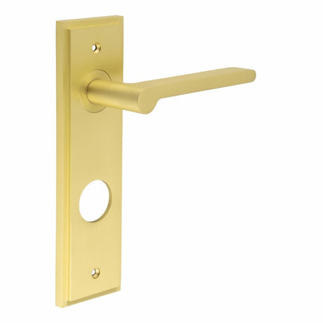 Frelan Hardware Door Furniture Satin Brass / Bathroom Lock Handles Frelan - Fitzrovia Door Handle Din Bathroom Backplate Satin Brass